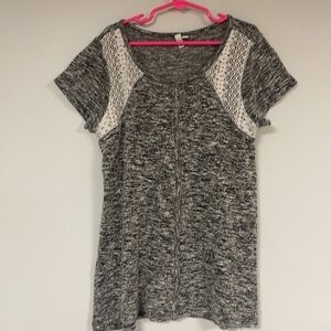Girl's SO  gray top/blouse with white lace, Large , cut longer in back